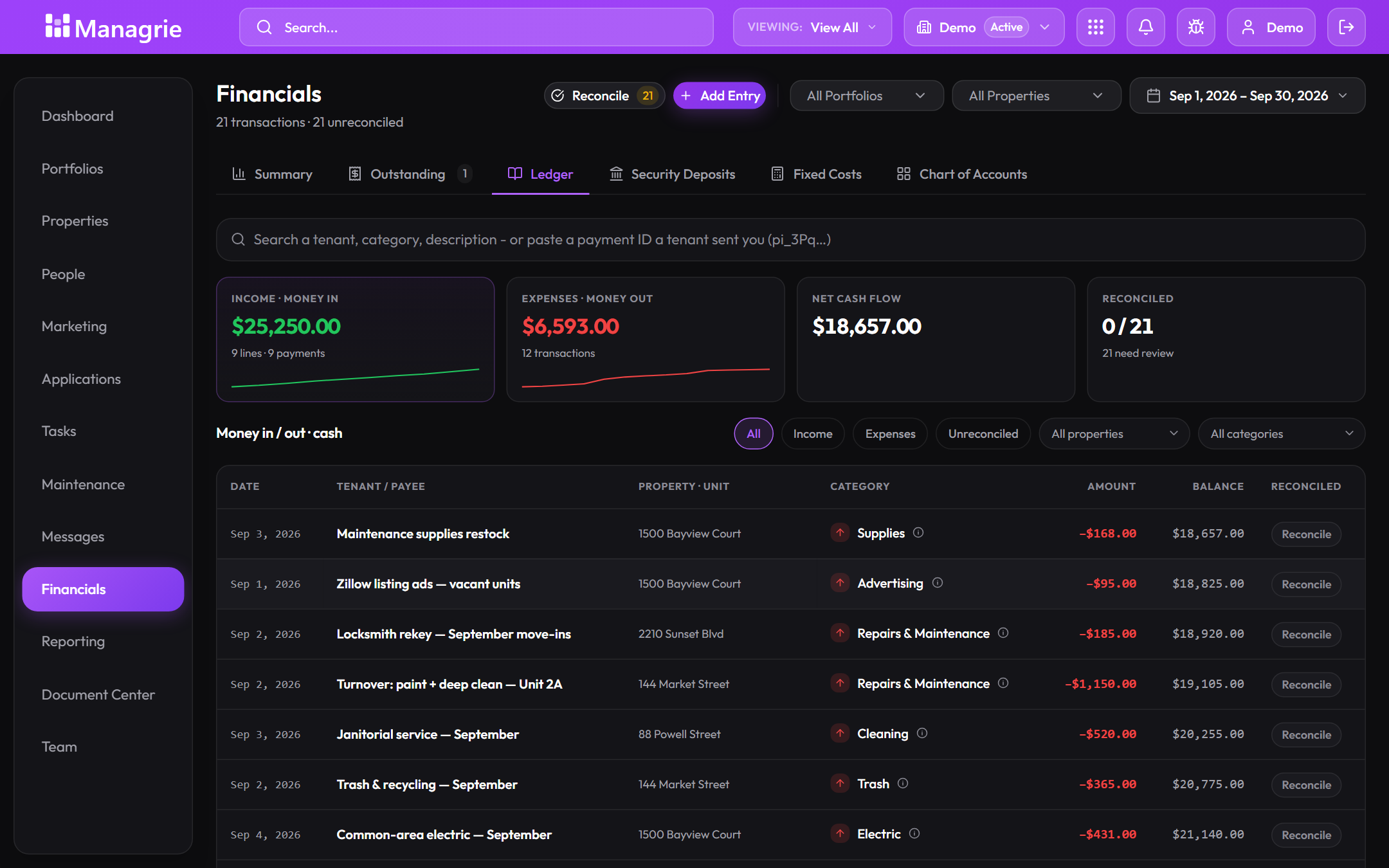 The ledger: money in, money out, net cash flow, reconciliation progress, and dated lines with a running balance