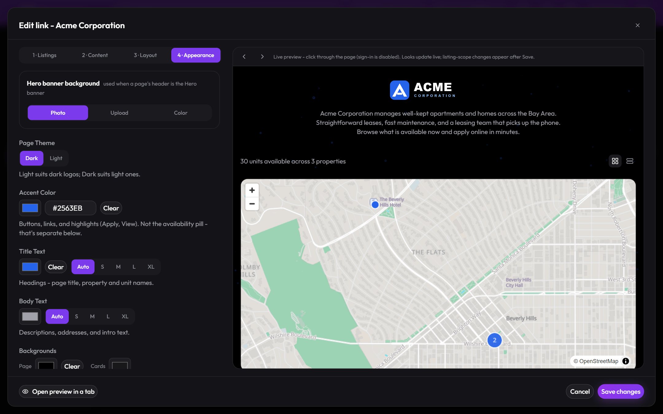 The custom link builder's Appearance step: theme, accent color, text sizes, and a live preview of the branded page