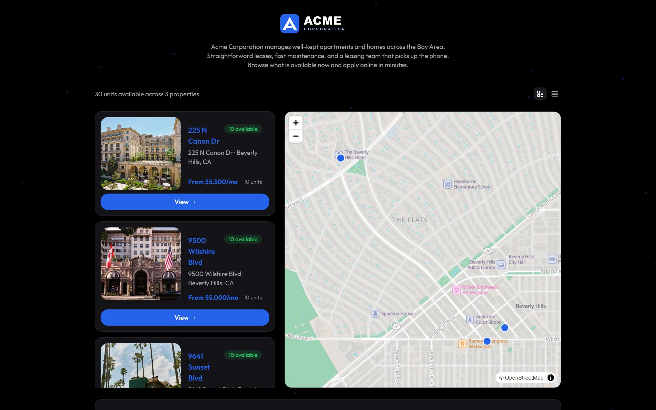 The public listing page produced by a custom link: the manager's logo and intro, available units with photos and rents, and a map