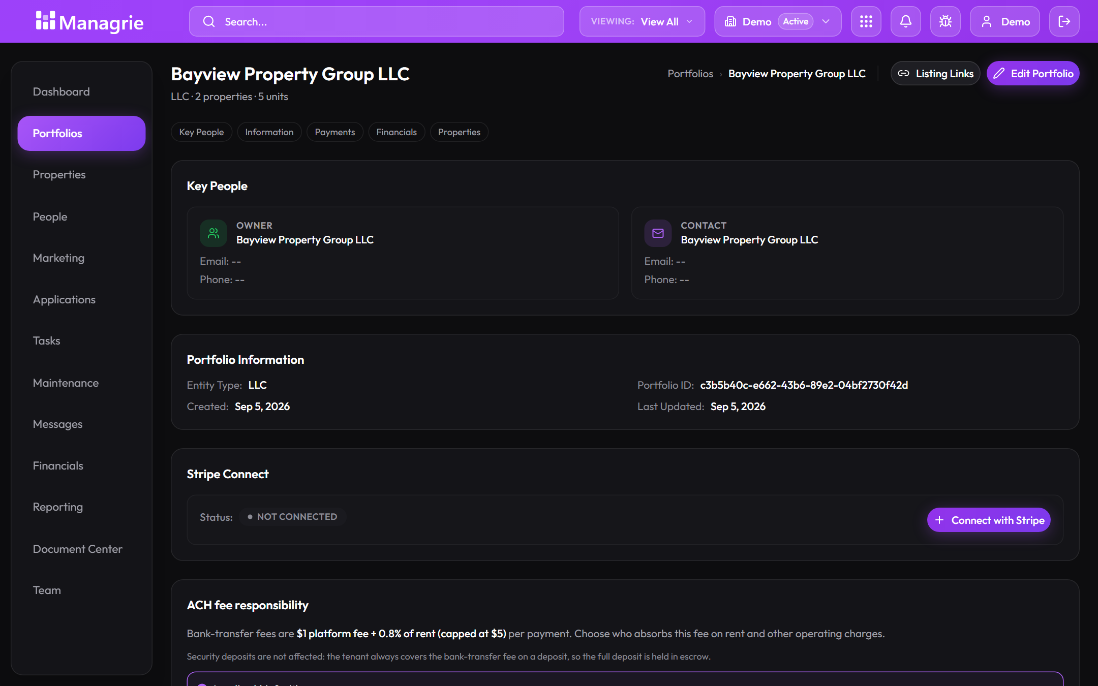 Portfolio page for an LLC: key people, entity information, payment setup, and fee responsibility