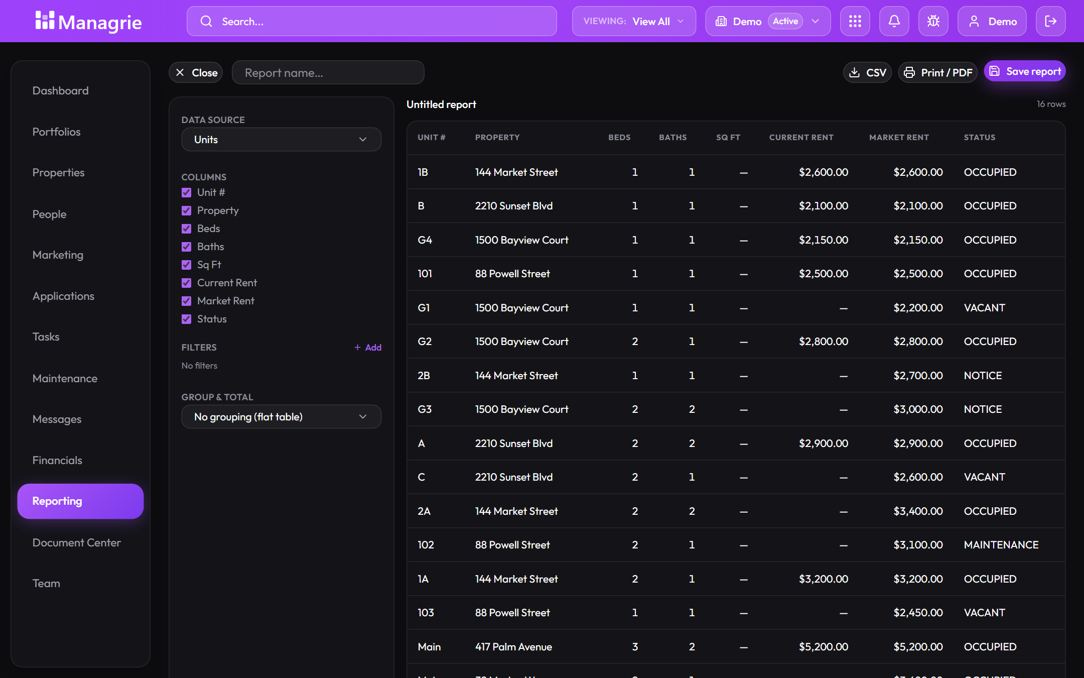 Custom report builder: data source, column checklist, filters, grouping, and the live table