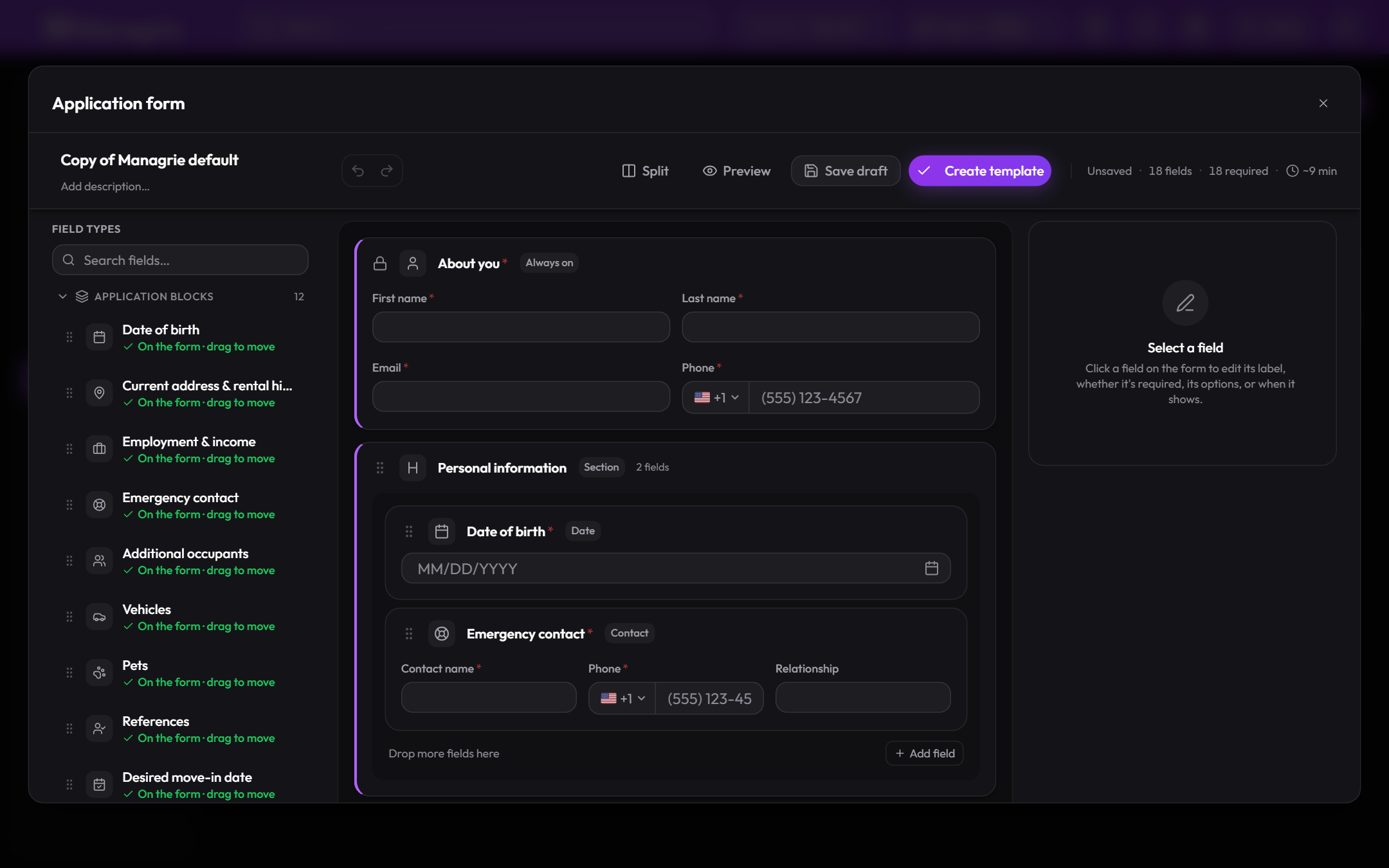 The application template builder: field blocks on the left, the form in the middle, field settings on the right